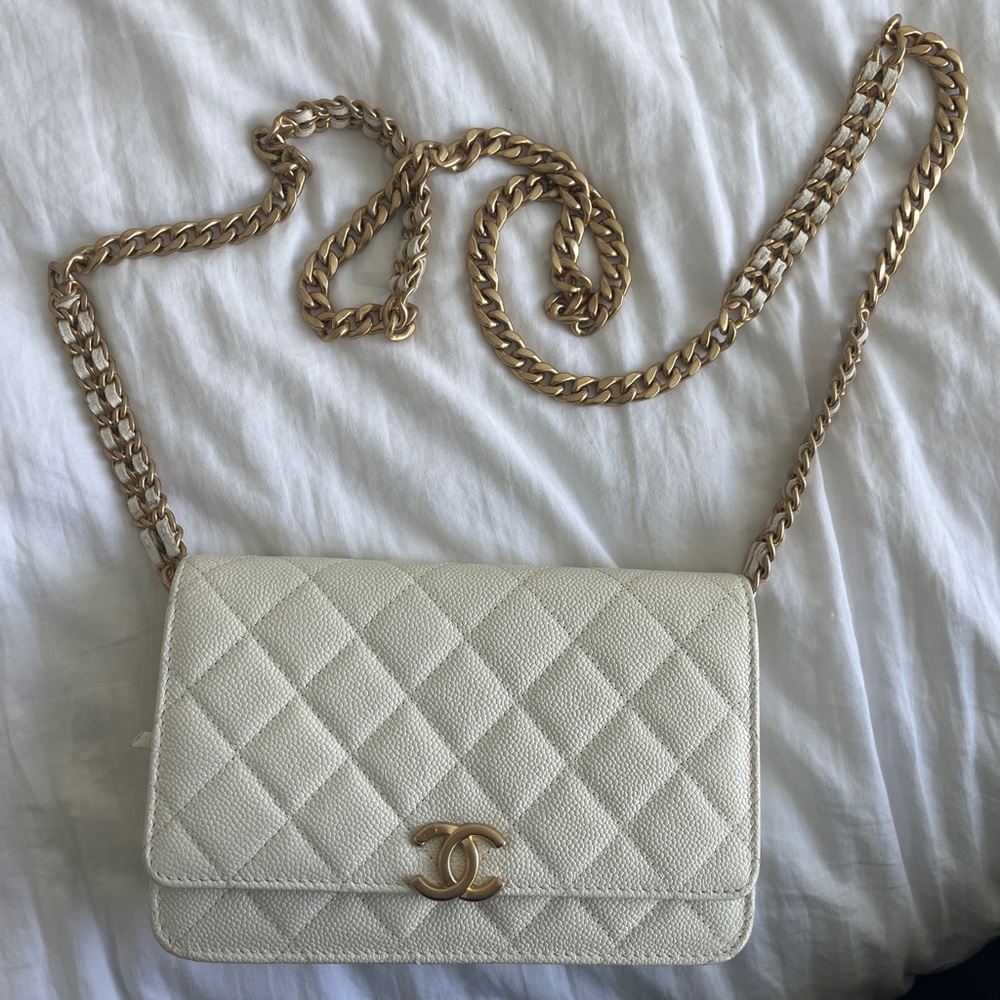 White Chanel wallet on chain in excellent condition.